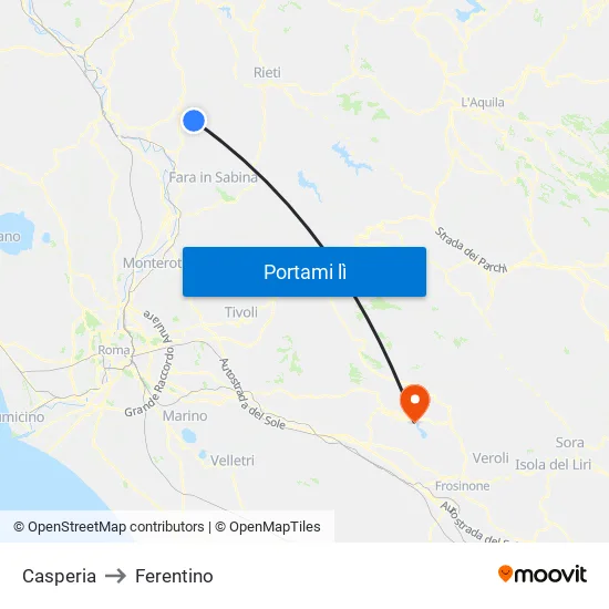 Casperia to Ferentino map