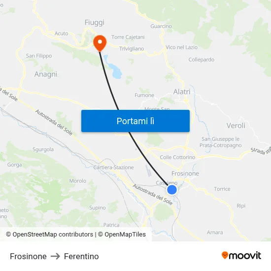Frosinone to Ferentino map