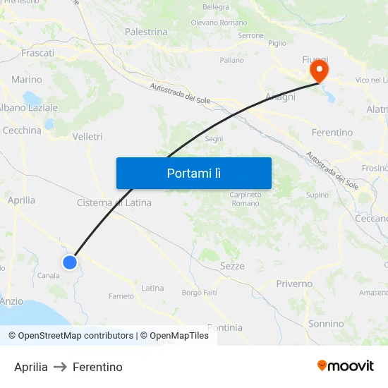 Aprilia to Ferentino map