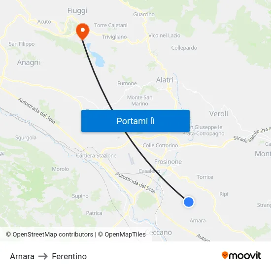 Arnara to Ferentino map