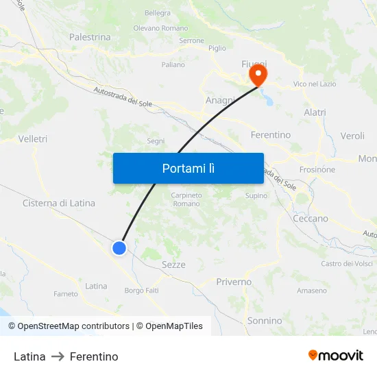 Latina to Ferentino map