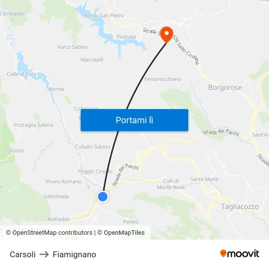 Carsoli to Fiamignano map
