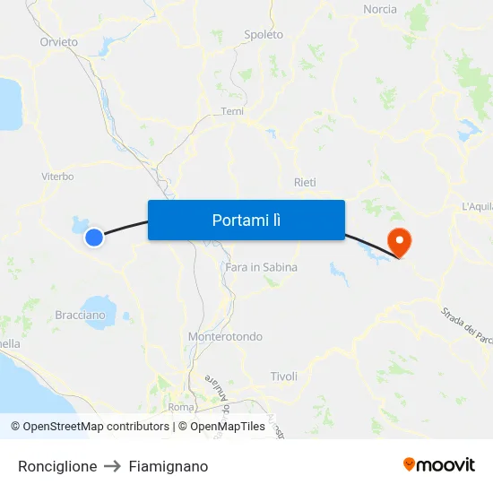 Ronciglione to Fiamignano map