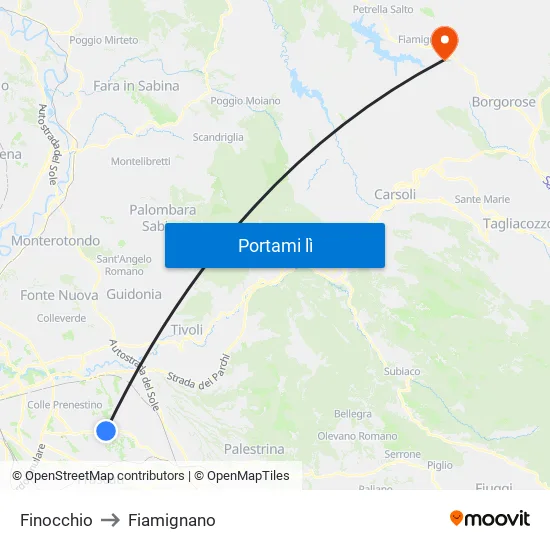Finocchio to Fiamignano map