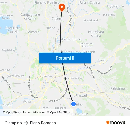 Ciampino to Fiano Romano map