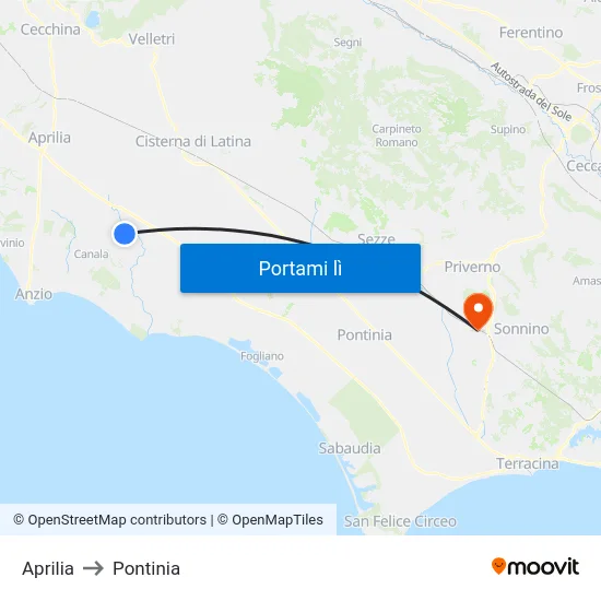 Aprilia to Pontinia map