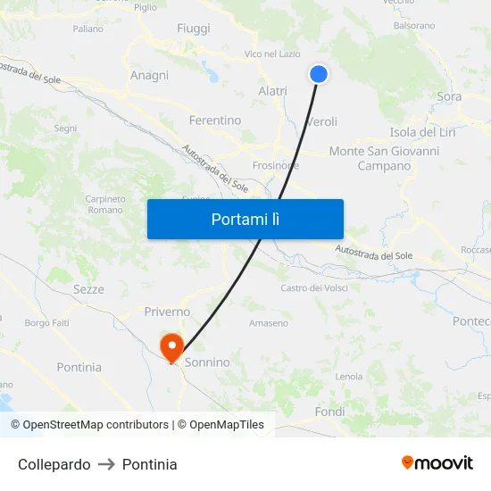 Collepardo to Pontinia map