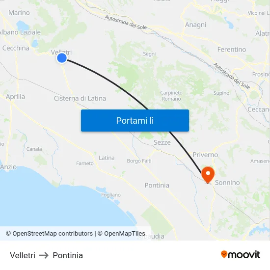 Velletri to Pontinia map