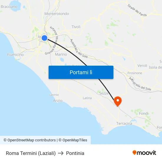 Roma Termini (Laziali) to Pontinia map