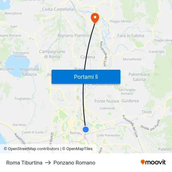 Roma Tiburtina to Ponzano Romano map