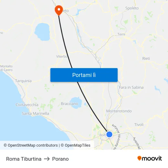 Roma Tiburtina to Porano map