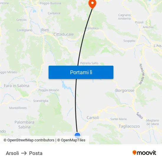 Arsoli to Posta map