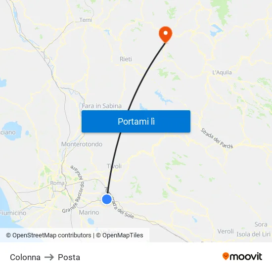 Colonna to Posta map