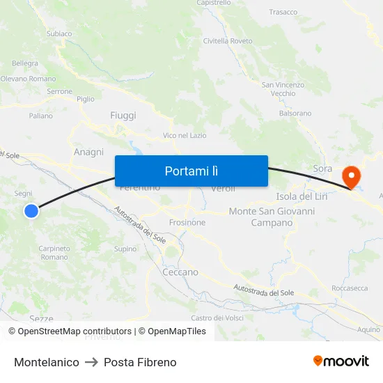 Montelanico to Posta Fibreno map
