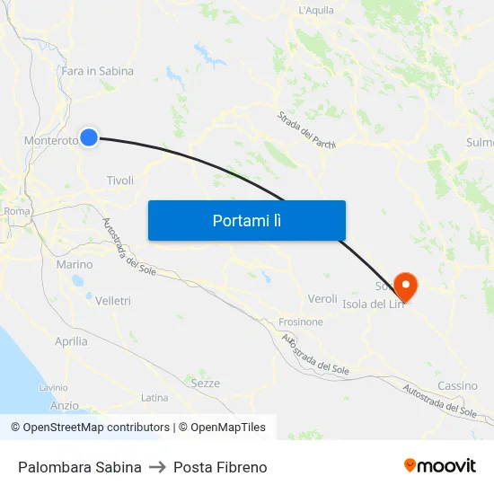 Palombara Sabina to Posta Fibreno map