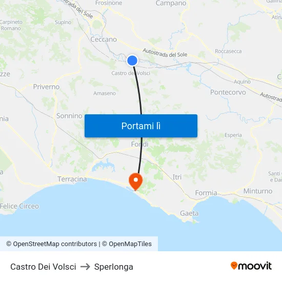 Castro Dei Volsci to Sperlonga map