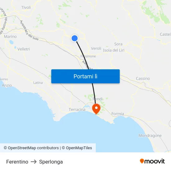 Ferentino to Sperlonga map