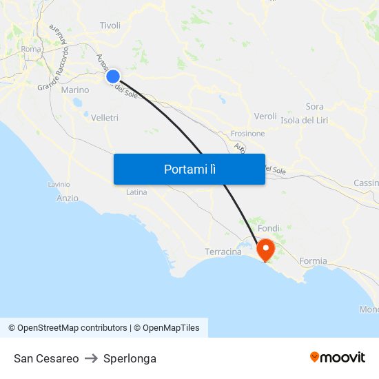 San Cesareo to Sperlonga map