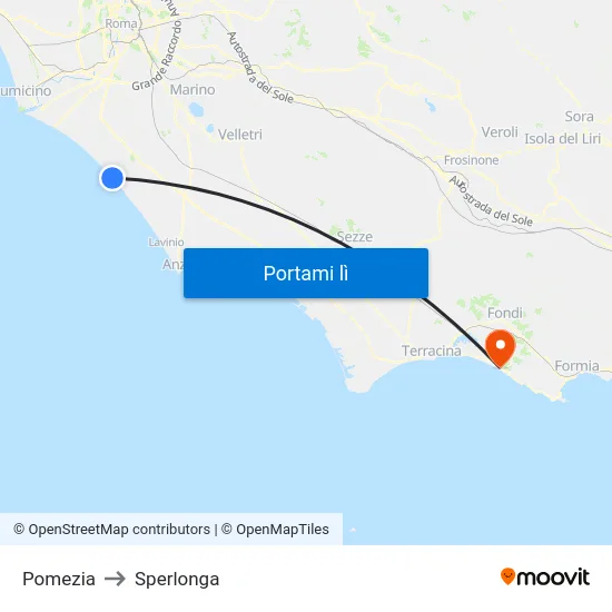 Pomezia to Sperlonga map