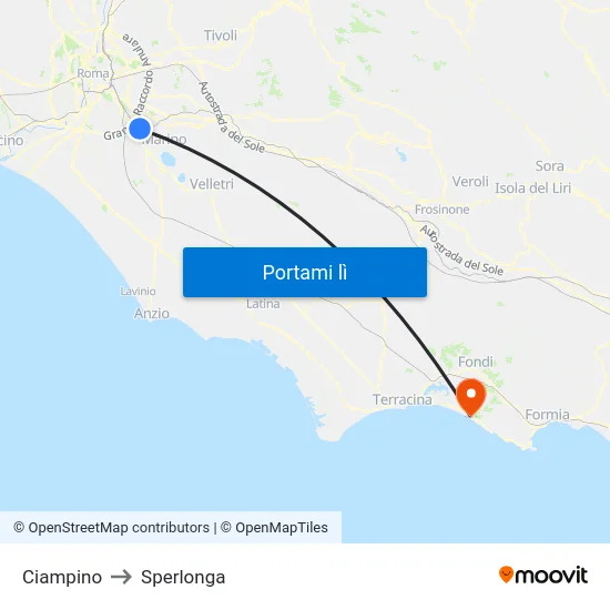 Ciampino to Sperlonga map