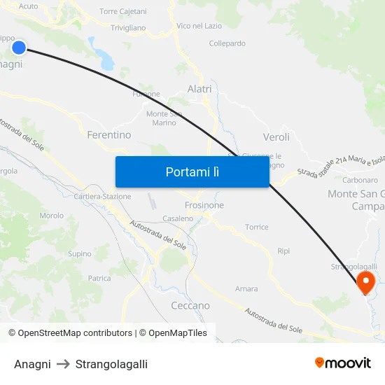 Anagni to Strangolagalli map