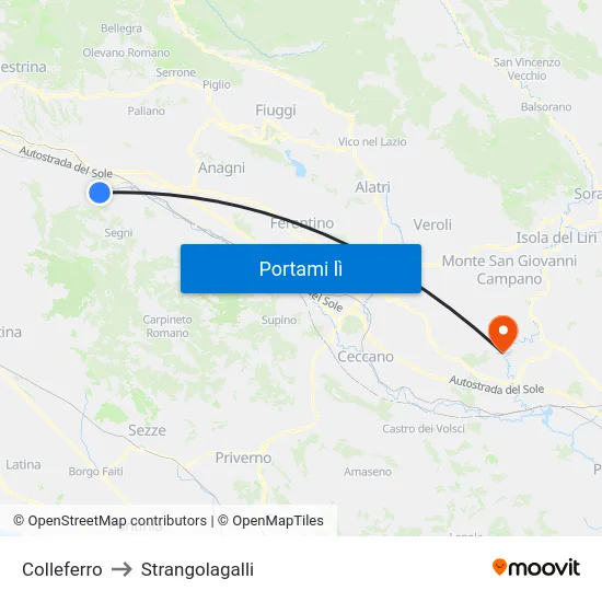 Colleferro to Strangolagalli map