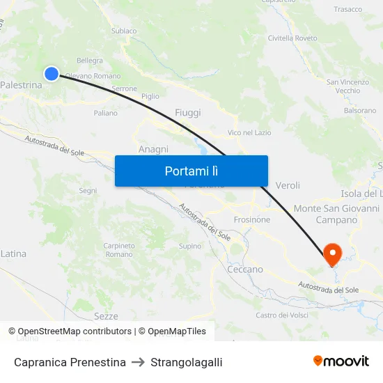 Capranica Prenestina to Strangolagalli map
