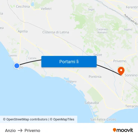Anzio to Priverno map