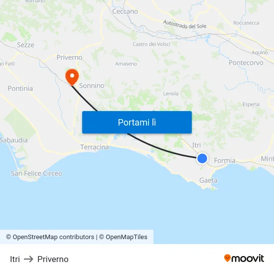 Itri to Priverno map