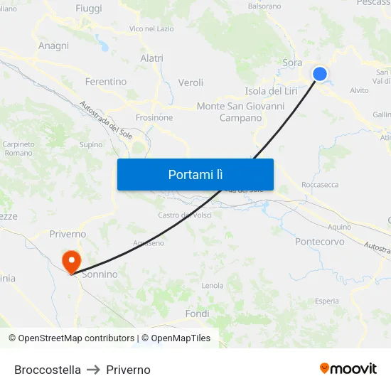 Broccostella to Priverno map