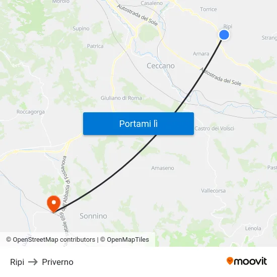 Ripi to Priverno map