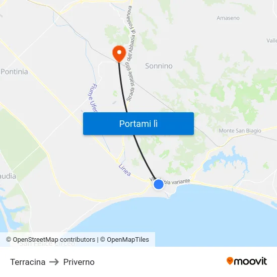 Terracina to Priverno map