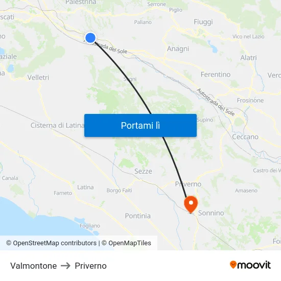 Valmontone to Priverno map