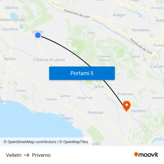 Velletri to Priverno map