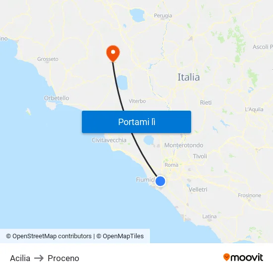 Acilia to Proceno map