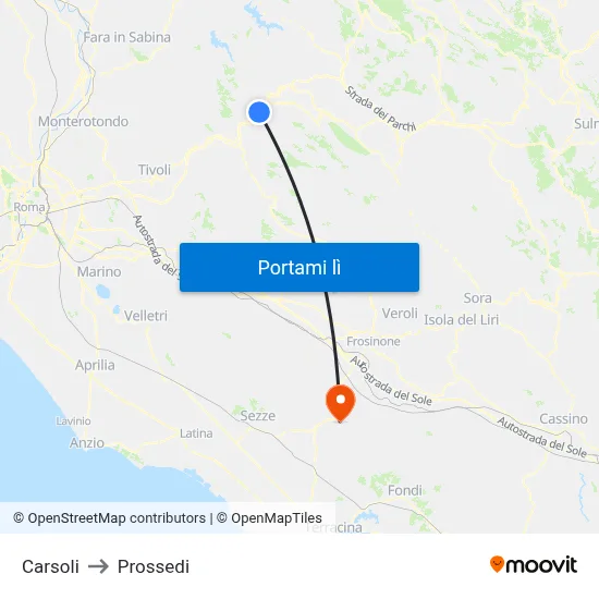 Carsoli to Prossedi map