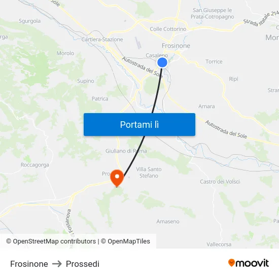 Frosinone to Prossedi map