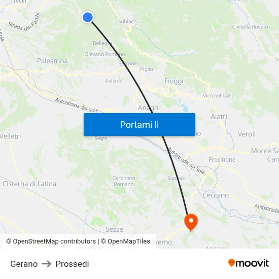 Gerano to Prossedi map