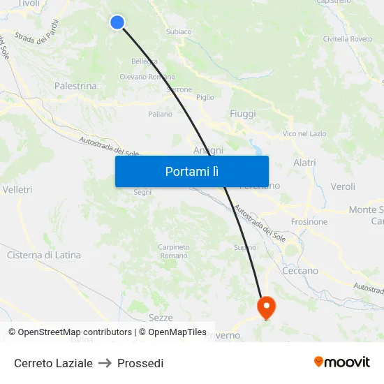 Cerreto Laziale to Prossedi map