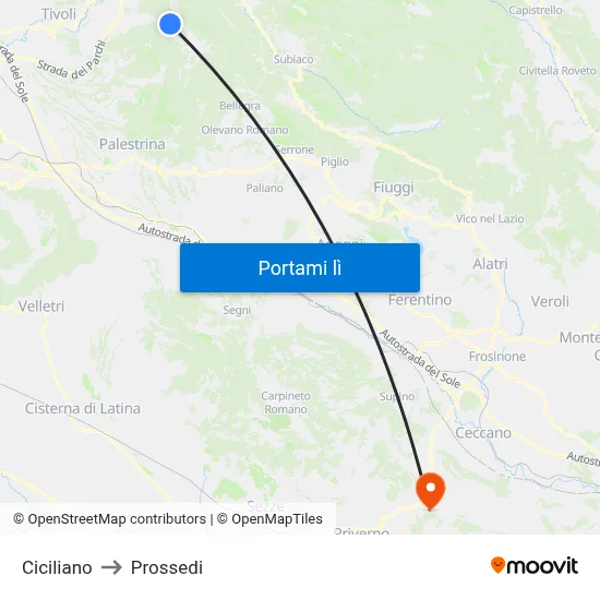 Ciciliano to Prossedi map