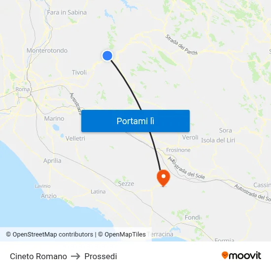 Cineto Romano to Prossedi map