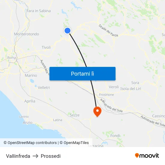 Vallinfreda to Prossedi map