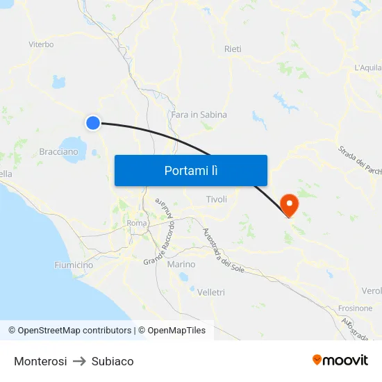 Monterosi to Subiaco map