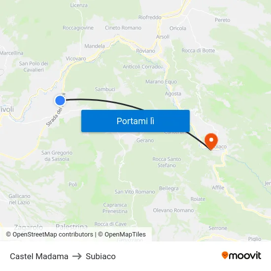Castel Madama to Subiaco map