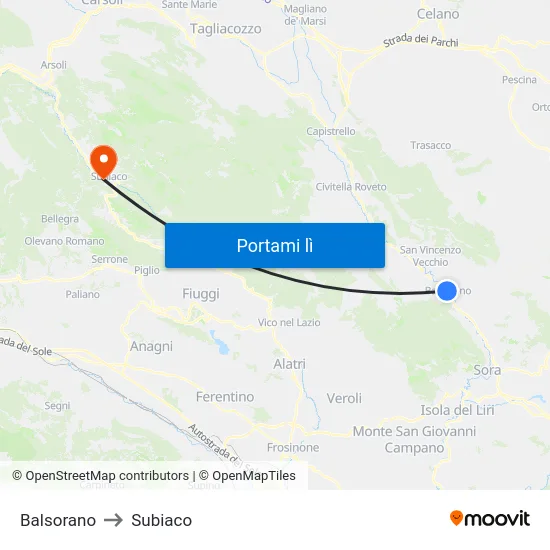 Balsorano to Subiaco map