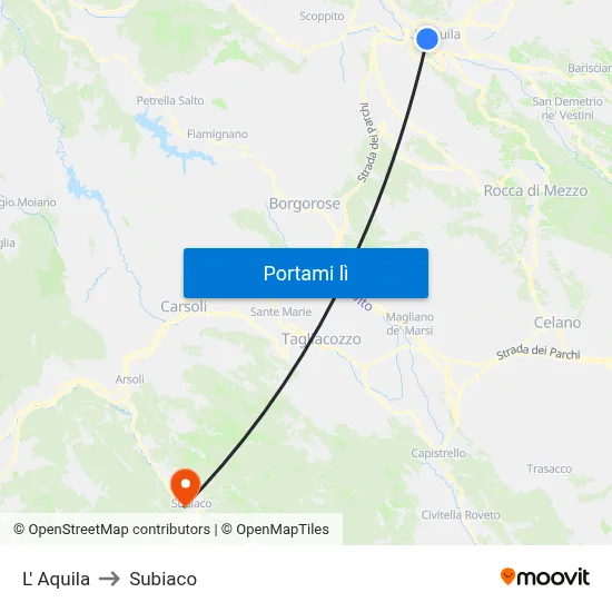 L' Aquila to Subiaco map