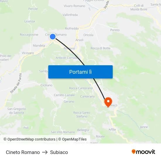 Cineto Romano to Subiaco map