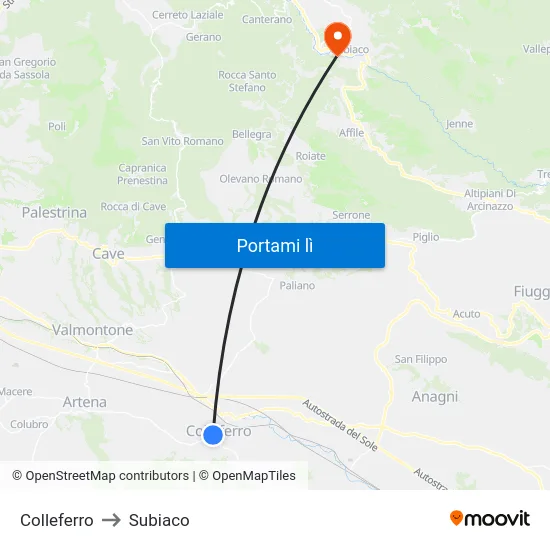 Colleferro to Subiaco map
