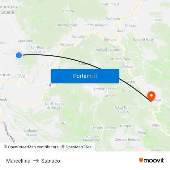 Marcellina to Subiaco map