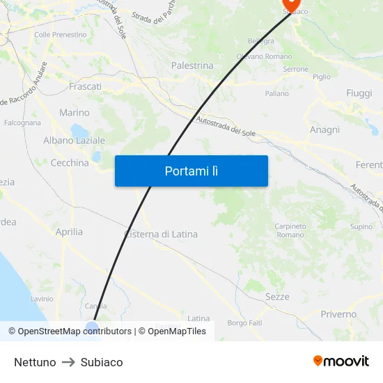Nettuno to Subiaco map